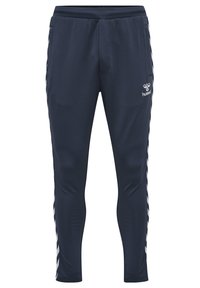Navy blue sports pants made of smooth fabric, featuring white side stripes and a logo on the upper left side. Elastic waistband for adjustability.