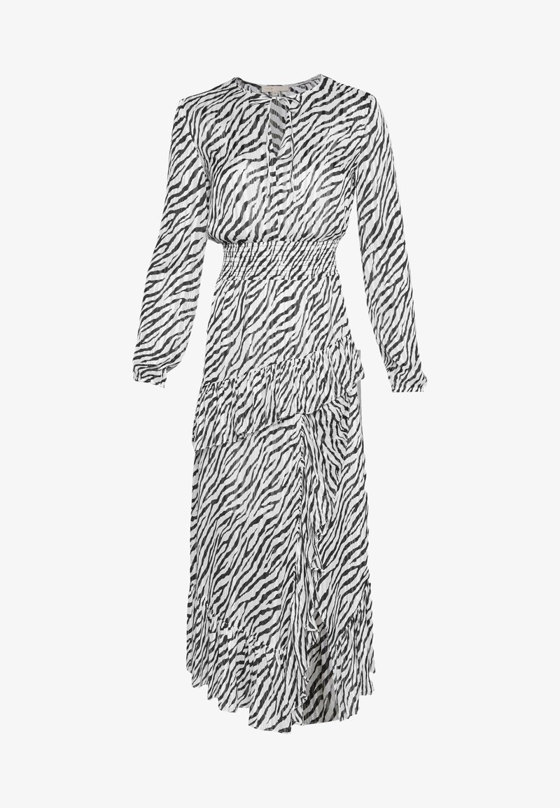 Jurk met lange mouwen van lichtgewicht stof, met een zwart-wit zebraprint, een geplooide taille en een geruimde zoom.