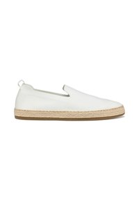 Scarpa slip-on bianca in tela con pannelli elastici laterali, suola centrale in corda di juta e suola in gomma. Texture liscia con design minimalista.