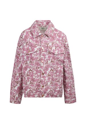 Roze-wit denimjack met bloemenpatroon, knoopsluiting aan de voorkant en twee borstzakken, met een kraag en lange mouwen.