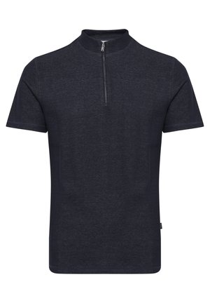 Polo shirt bleu marine à manches courtes avec col zippé, fabriqué à partir d'un tissu texturé. Présente un design ajusté et des détails de couture minimaux.