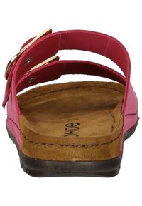 Růžové sandály se dvěma nastavitelnými popruhy, zlatými detaily a polstrovanou hnědou podešví, vybavené texturovanou gumovou podrážkou pro lepší přilnavost.