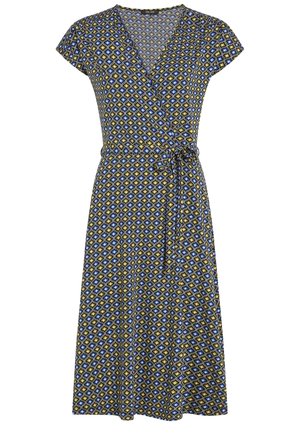 Abito a portafoglio con motivo geometrico in blu, giallo e nero. Maniche corte, scollo a V e dettaglio con cintura in vita per la regolazione.