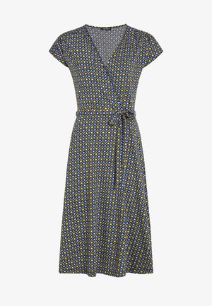 Vestido cruzado con un patrón geométrico en azul, amarillo y negro. Mangas cortas, escote en v y detalle de lazo en la cintura para ajustar.
