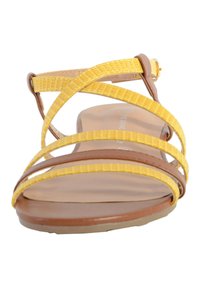 Sandal con cinturino giallo caratterizzato da un design incrociato, suola marrone liscia, cinturini gialli testurizzati e chiusura alla caviglia regolabile.