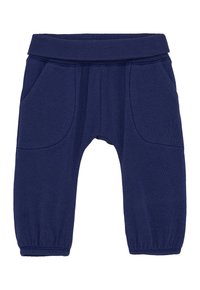 Marineblauwe peuterpantalon met een elastische tailleband, voorzakken en elastische boorden bij de enkels, gemaakt van zachte tricot stof.