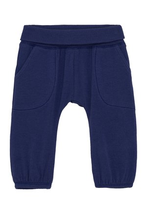 Dunkelblaue Kleinkind-Hose mit elastischem Bund, Fronttaschen und elastischen Bündchen an den Knöcheln, aus weichem Strickmaterial gefertigt.
