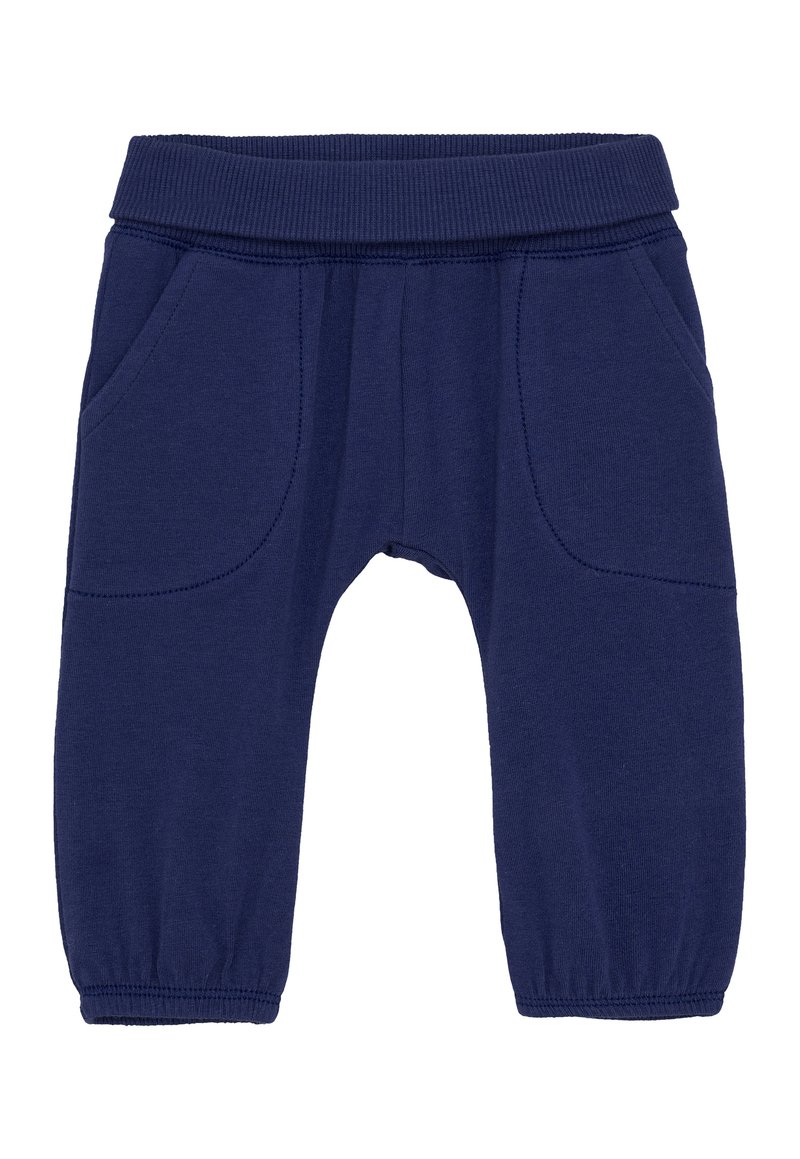 Marineblauwe peuterpantalon met een elastische tailleband, voorzakken en elastische boorden bij de enkels, gemaakt van zachte tricot stof.