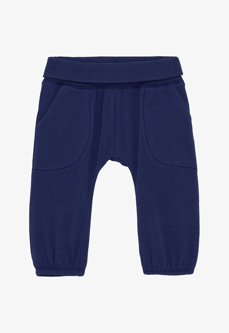 Marineblauwe peuterpantalon met een elastische tailleband, voorzakken en elastische boorden bij de enkels, gemaakt van zachte tricot stof.