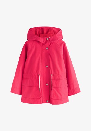 Crvena jakna s kapuljačom s prednjim kopčama na kopče, vezicom u struku i dva velika džepa s preklopom.