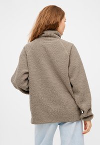 Fleece-Pullover in Taupe mit hohem Kragen, Raglanärmeln und einer weichen, strukturierten Oberfläche. Verfügt über eine lockere Passform und einen abgerundeten Saum.