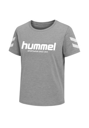 Grijze katoenen t-shirt met een ronde hals, korte mouwen en wit "hummel" logo. Heeft witte chevronstrepen op de mouwen.