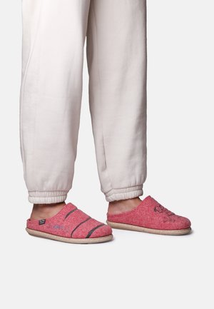 Red felt slippers with a textured finish, featuring a gray stripe pattern and a decorative graphic. Natural fiber sole and open back design.