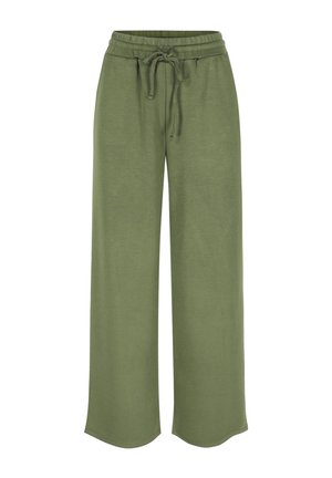 Pantalones de chándal kaki de pierna ancha con cintura elástica y cordón ajustable en la parte delantera, hechos de un tejido suave y cómodo.