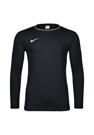 Schwarzes Nike Sportshirt mit langen Ärmeln, weißem Logo auf der Brust und weißem Saum am rundem Halsausschnitt.