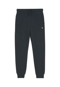 Marineblaue Sweatpants aus weichem Baumwollmix, mit einem Kordelzugbund, gerippten Bündchen und einem kleinen gelben Logo auf dem linken Oberschenkel.