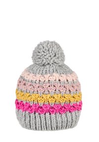 Gray knitted winter hat with pom-pom, featuring textured horizontal stripes in pink, beige, yellow, and bright pink.