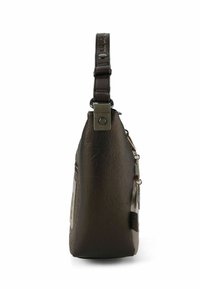 Braune Tasche aus Kunstleder mit strukturierter Oberfläche, einem kurzen Riemen und einem silbernen Akzent. Verfügt über eine Reißverschlusstasche an der Seite.