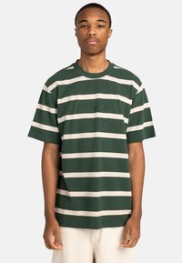 Camiseta de manga corta a rayas verde y crema, con cuello redondo y logo bordado "element" en el pecho.