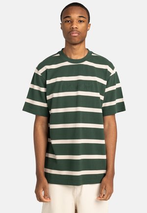 T-shirt a maniche corte a righe verde e crema con scollo rotondo e logo "element" ricamato sul petto.