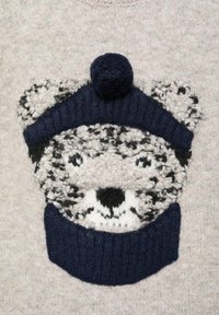 Gestreifter Pullover mit einem Bärenkopf-Design aus grauem und schwarzem Garn, ergänzt durch eine dunkelblau gestrickte Mütze mit pompon. Weiche Textur.