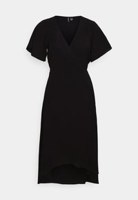 Black wrap dress with a V-neckline, flutter short sleeves, an asymmetric hem, and a smooth texture. No patterns or accents visible.
