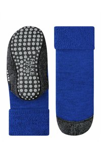 Calze blu con una texture morbida. Parte inferiore grigio scuro con puntini bianchi in gomma per una migliore aderenza. Design con risvolto, con logo sul lato.