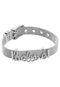 Bracciale in rete d'argento con chiusura a gancio. Presenta la parola "credere" in corsivo, decorata con accenti scintillanti.