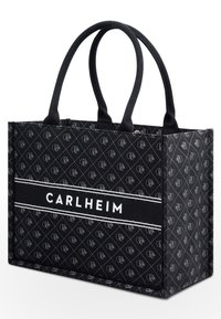 Black tote bag with diamond-patterned fabric, dual black handles, and a central white logo band featuring "CARLHEIM" in bold letters.
