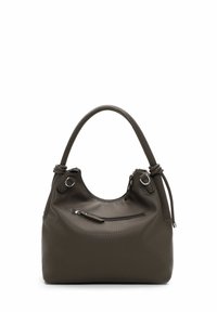 Sac à main en cuir texturé marron foncé, de forme arrondie, avec de courtes poignées et une poche avant zippée. Accents à cordon de serrage réglable sur les côtés.