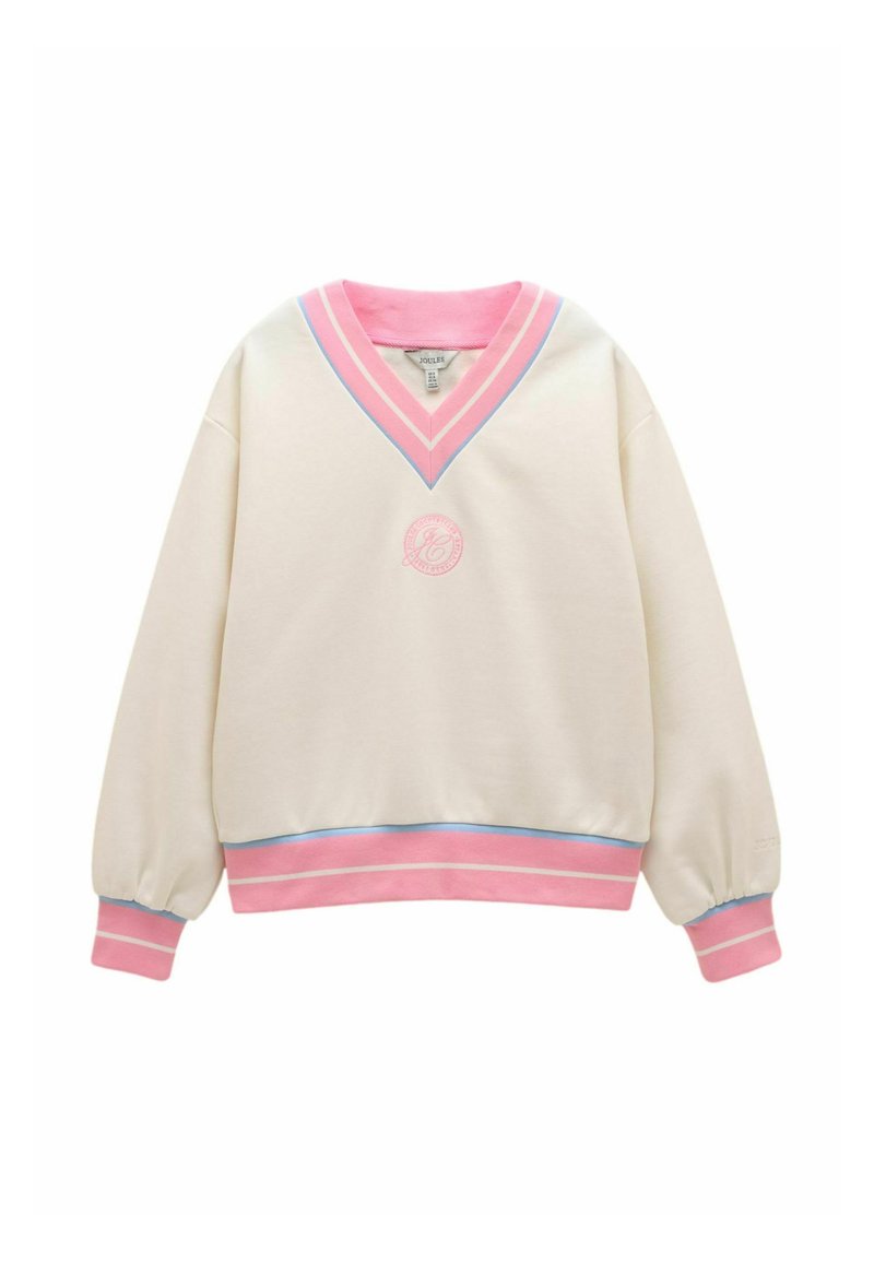 Pull crème avec col en V, poignets et ourlet rayés rose et bleu, orné d'un petit logo rose brodé sur la poitrine.