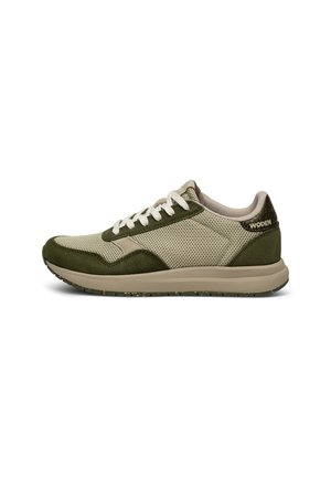 Green and beige athletic shoe with mesh panels, suede accents, and white laces. Features a cushioned sole for comfort.