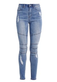 Höga blå denimjeans med rivna detaljer, figursydd design, texturerat tyg och vertikala sömnadsaccenter på benen.