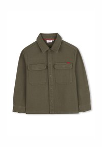 Olijfgroene corduroy overhemdjack met een kraag, twee voorzakken en knoopsluiting. Beschikt over een geribde textuur en lange mouwen.