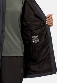 Interno della giacca impermeabile, foderato di marrone scuro, etichetta TEXAPORE, tasca con logo. Indossata sopra una camicia verde e pantaloni scuri. Texture liscia e leggera.