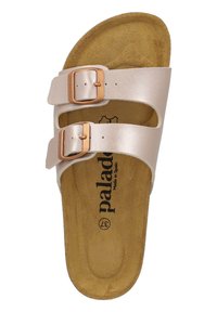 Ljusrosa sandaler med två justerbara remmar, bronsfärgad spännen och en brun mockafotbädd. Texten "palado" tryckt på sulan.