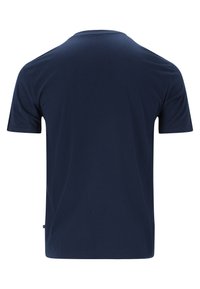 Marinblå bomullströja med korta ärmar och rund halsringning. Slät textur, enkel design och inga synliga grafiska tryck eller utsmyckningar.