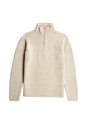 Fleece quarter-zip pullover in beige with a ribbed texture and subtle speckled pattern. Features a small brand label on the chest.