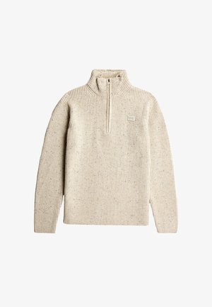 Fleece quarter-zip pullover in beige with a ribbed texture and subtle speckled pattern. Features a small brand label on the chest.