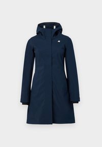 Manteau imperméable navy avec capuche, doté d'une fermeture éclair à l'avant, de manches longues et d'un petit logo sur la poitrine. Texture lisse et mate.