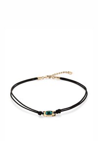 Bracelet en cuir noir avec accents métalliques dorés et une pierre centrale rectangulaire couleur sarcelle, doté d'une chaîne ajustable pour personnaliser la taille.