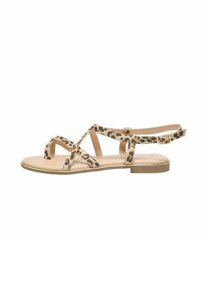Sandali piatti con stampa leopardata, design con cinturino incrociato, tonalità beige, dettagli dorati e cinturino con fibbia. Superficie liscia e punta aperta.