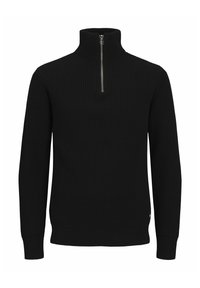 Schwarzer Pullover mit gerippter Textur, hohem Kragen und halblangem Reißverschluss. Lange Ärmel mit eng anliegenden Bündchen und geradem Saum unten.