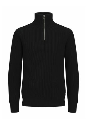 Schwarzer Pullover mit gerippter Textur, hohem Kragen und halblangem Reißverschluss. Lange Ärmel mit eng anliegenden Bündchen und geradem Saum unten.