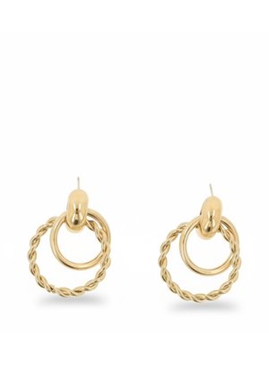 Orecchini a cerchio in oro con un design circolare intrecciato e un elemento centrale liscio; caratterizzati da una finitura lucida e struttura leggera.