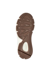 De buitenzool van de schoen is gemaakt van bruin rubber met textuurpatronen, groeven voor grip en een zachte, crème-kleurige middenzool.