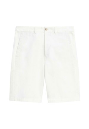 Hvide skræddersyede shorts med knaplukning og lynlås foran, bæltestropper og sidelommer, lagt fladt på en hvid baggrund.