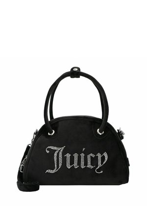 Borsa in suede nera con forma arrotondata, doppio manico e tracolla removibile. Presenta lettere in strass che spellano "Juicy". Accenti in hardware argentato.