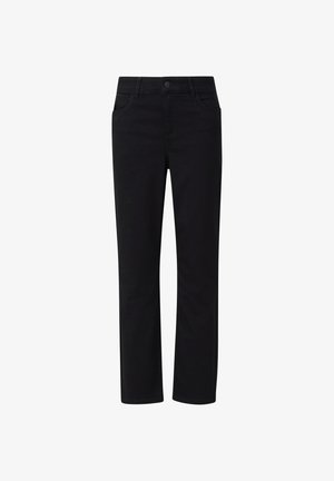 Schwarze gerade geschnittene Hose mit vorderem Knopf und Taschen, entworfen für eine taillierte Passform und für legere oder formelle Anlässe.