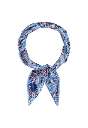 Blue, red, and white paisley-patterned silk scarf tied in a loose knot with two pointed ends hanging down.